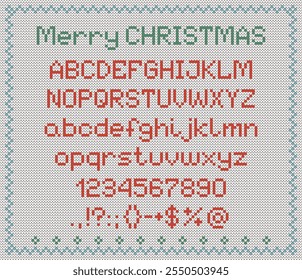 Knitted Christmas Ugly Sweater Effect Alphabet, Capital And Lowercase Letters, Numbers And Punctuation. Seamless Knitted Backgrounds Included In Swatches. Vintage Style. Vector illustration