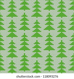 Knitted Christmas, winter or New Year background with pine or fir trees, plus seamless pattern included in swatch palette (pattern fill expanded). For high res JPEG or TIFF see image 118093282