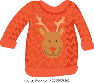 knitted christmas woolen sweather with reindeer for cold days on white background