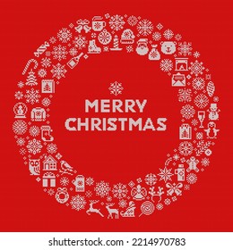 Knitted Christmas wreath of festive elements - snowflakes, xmas decorations, a bag with gifts, Santa's sleigh, deer, bells, sweets. Happy New Year or Merry Christmas greeting card, poster template.