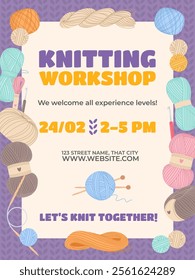 Knitted classes invitational poster. Workshop announcement, cartoon frame from skeins of wool thread, handmade cozy products, embroidery hoops, flyer template, crafting card, vector concept