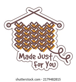 Knitted clothes and apparel, made just for you. Custom clothing and accessories, outfits and woven decor for cozy wintertime season. Sticker or emblem, logotype or badge. Vector in flat style