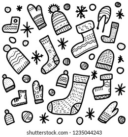 Knitted clothes collection. Warm socks, gloves, beanies set. Square conceptual vector illustration for poster. 