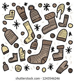 Knitted clothes collection. Warm socks, gloves, beanies set. Square conceptual vector illustration for poster. 