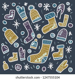 Knitted clothes collection. Warm socks, gloves, beanies set. Square conceptual vector illustration for poster. 