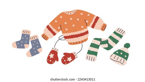 Knitted clothes set. Kids knitwear garments. Warm wearing, sweater, winter hat, mittens, cozy socks, scarf. Childish wardrobe for cold season. Flat vector illustration isolated on white background