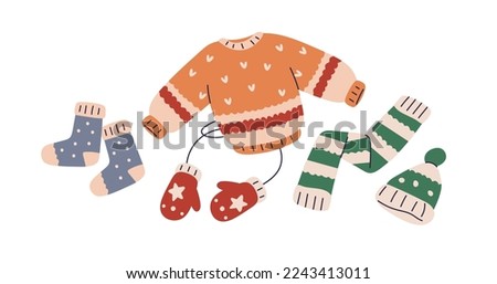 Knitted clothes set. Kids knitwear garments. Warm wearing, sweater, winter hat, mittens, cozy socks, scarf. Childish wardrobe for cold season. Flat vector illustration isolated on white background