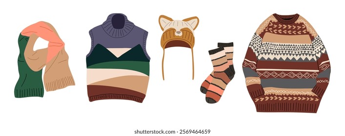 Knitted clothes set. Knitwear garments. Warm wearing, sweater, winter hat, vest, cozy socks, scarf. Vintage wardrobe for cold season. Flat vector illustration isolated on white background