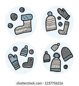 Knitted clothes. Set of round badges of  warm winter  socks, beanies, gloves set. 