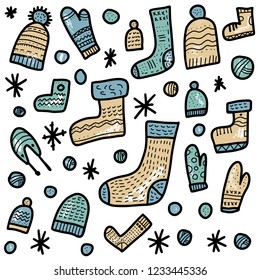 Knitted clothes. Warm socks, gloves, beanies set. Vector composition for poster.