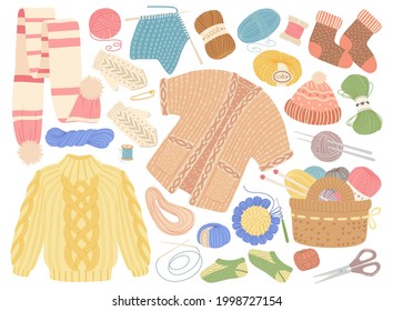 Knitted clothes. Knitted warm winter clothing scarf, sweater, sock, hats. Flat cartoon knitwear, knitting or crochet tools vector set. Handmade isolated accessories for cold winter weather
