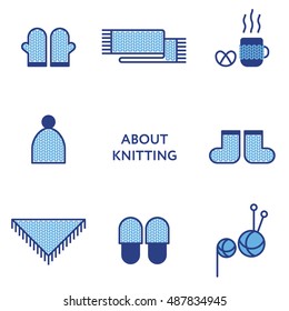 Knitted clothing. Set of flat line icons. Knitting craft. Modern design