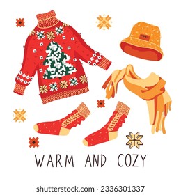 Knitted colorful clothes for cold weather. Warm sweater with ornament and socks,panama hat and scarf.Winter elements isolated on white background.Vector flat illustration with hand written text.