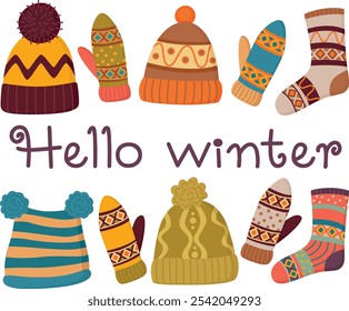 Knitted colorful hats, socks and mittens with patterns. Hello winter concept for cards or banners