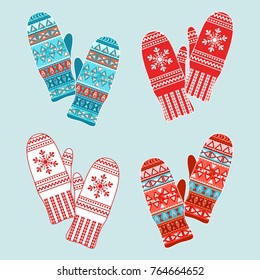 Knitted colourfull mittens. Set. Vector illustration.