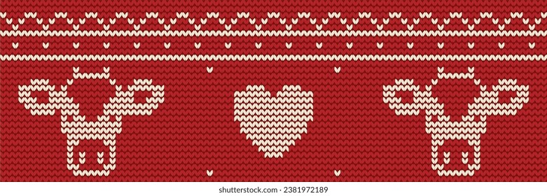 Knitted cow and heart vector seamless pattern.