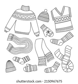 Cubierta de punto, pañuelo, calcetines, mitones, suéter, sombrero, chaleco en doodle. Ropa hecha a mano de lana. Conjunto de ilustraciones vectoriales aisladas en el estilo dibujado a mano