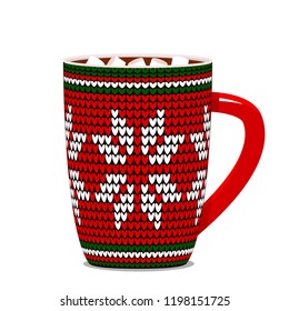 Knitted cup with a Scandinavian pattern and hot chocolate and marshmallows. winter holidays concept - christmas and new year. flat vector illustration isolated on white background