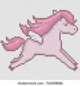 Knitted cute kawaii style pegasus in pink color. Vector illustration.