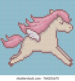 Knitted cute kawaii style pegasus in beige and pink color on blue. Vector illustration.