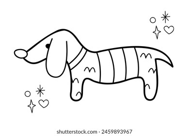 Knitted dachshund. Doodle outline vector black and white illustration. 