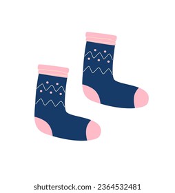 Knitted dark blue socks isolated on white background. Autumn and winter cozy season. Baby, women, men accessorize. 
