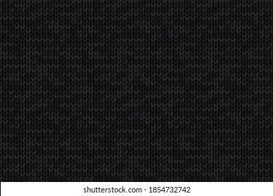 Knitted dark gray background with repeating texture of merino wool. Black vector seamless pattern with realistic knitwear for wallpaper, winter design, webpage backdrop, postcard.