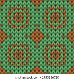 Knitted decoration seamless pattern. Vector illustration  Colors: Tenne (Tawny), Corn Harvest, Malachite