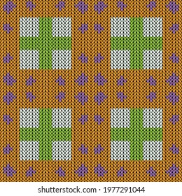 Knitted decoration seamless pattern. Vector illustration  Colors: Carrot Orange, Lawn Green, Cosmic Latte, Purple Mountain's Majesty