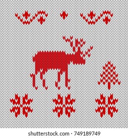 Knitted deer, red-white retro style. Winter forest snowflakes and spruce