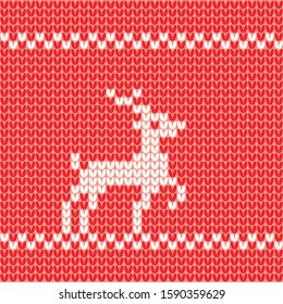 Knitted deer white on red background. Knitted Christmas pattern element