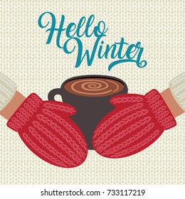 Knitted design banner with red mittens and coffee mug on beige knitted sweater seamless background. Winter, Christmas, New Year. Greeting card, gift box, paper, tag, flyer, poster, party invitation  