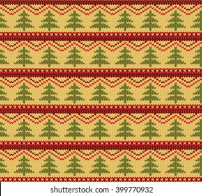 Knitted Design Pattern. Christmas and New Year Illustration. Green Tree.Winter Background. Vector Illustration. Green, yellow, brown, red colors