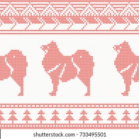 Knitted Dog Seamless Pattern in Red Color. Vector Illustration. Zodiac Sign for Year of Dog.