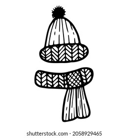 Cubierta y sombrero de fideos de punto. Ilustración dibujada a mano con revestimiento negro en estilo de arte de línea. Creación de diseño para Año Nuevo, invierno, Navidad