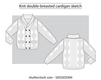 Knitted double-breasted cardigan with braids and shawl collar. Technical scketch.