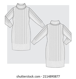 Knitted dress with braids and turtle neck technical sketch.