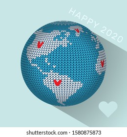 Knitted Earth globe with hearts and flat shadow, vector greeting card 2020 on light blue background with like heart