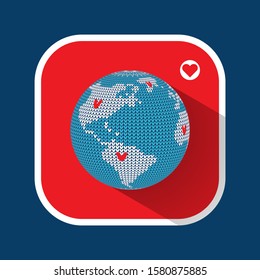 Knitted Earth globe with like hearts and flat shadow isolated on red rounded square, modern vector illustration on social media and hand made theme
