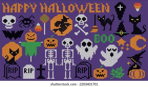 Knitted elements for Happy Halloween. Boo, ghost, skeleton, skull, witch, hat, full moon, pumpkin, jack o lantern, bat, candy, spider, coffin, grave, black cat, broom, stars. Vector illustration.