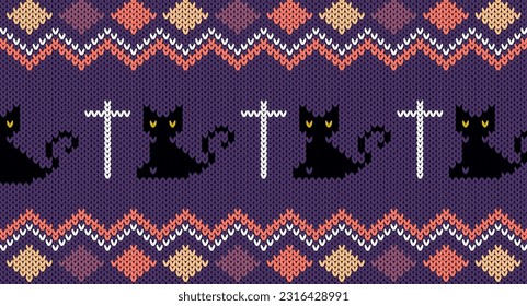 Knitted elements for happy Halloween, Cat and crosses. vector illustration, Seamless Knitted Pattern, Norway Festive Sweater Fair Isle Design.