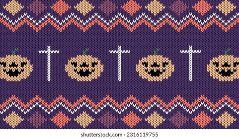 Elementos de punto para feliz Halloween, calabazas y cruces. ilustración vectorial, patrón de punto sin foco, Diseño de Isla Festiva de Sweater en Noruega.