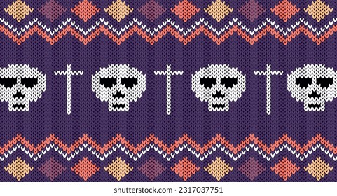 Knitted elements for happy Halloween, Skull and crosses. vector illustration, Seamless Knitted Pattern, Norway Festive Sweater Fair Isle Design.