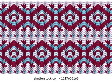 Knitted endless pattern. Handmade. The color is pink, burgundy, blue. Vector
