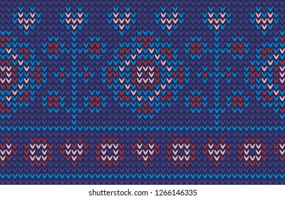 Knitted ethnic floral motif in cerulean, beige, red and green colours. Allover flower vector pattern for interior, wallpaper, fabric, textile, surface design. British jumper knitwear seamless pattern