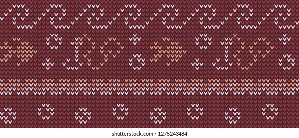 Knitted ethnic pattern with fishes and fishing hooks. Allover vector pattern for interior, wallpaper, fabric, textile, phone case. Folk navy knitwear design for jumper in light red, mahogany colours