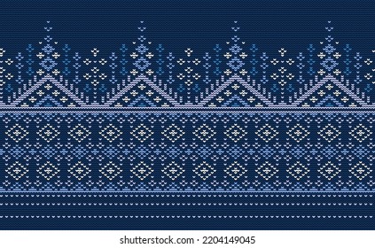 Knitted ethnic pattern, Vector cross stitch Turkish background, Embroidery decorative style, Blue and white pattern aztec motif, Design for fabric, batik, print, sweater