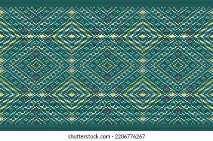 Knitted ethnic pattern, Vector cross stitch ornament background, Embroidery seamless square style, Green and yellow pattern knitting fashion, Design for textile, ceramic, wrapping, pillows