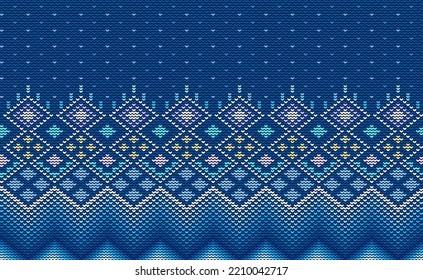 Knitted ethnic pattern, Vector cross stitch triangle background, Embroidery vintage antique style, Blue and white pattern geometric decoration, Design for textile, fabric, ceramic, curtain, pillows