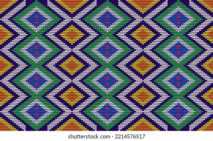 Knitted ethnic pattern, Vector cross stitch geometric background, Embroidery abstract Navajo style, Green and yellow pattern geometry horizontal, Design for textile, fabric, cloth, print, wall art